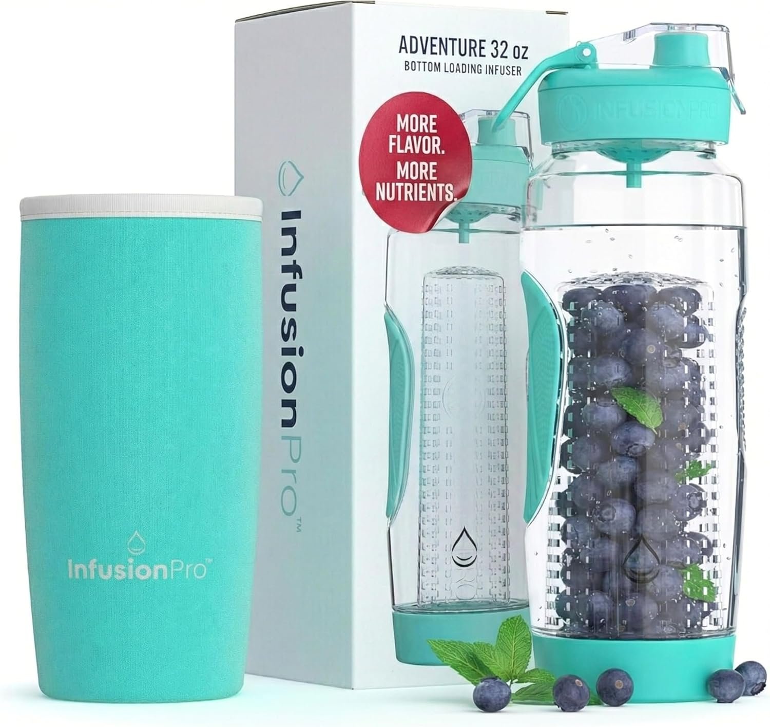 Infusion Pro 32 oz Large Fruit Infuser Water Bottle with Insulated Sleeve & 50 Recipe Fruit Infusion Water eBook : Bottom Loading, for More Flavor : Unique Gift Idea for Women