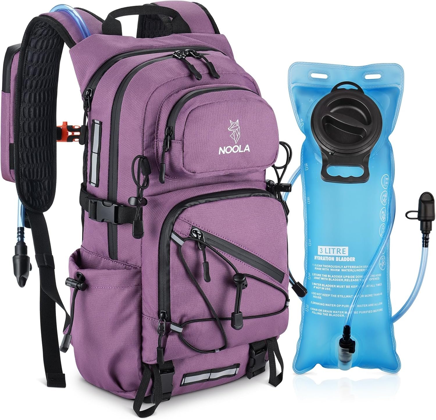 NOOLA Hydration Backpack with 3L Water Bladder – 25L Water Backpack for Hiking, Cycling, Running, Biking – Lightweight Hiking Pack Bag with Rain Cover, Phone Holder and Trekking Pole Holders, Purple