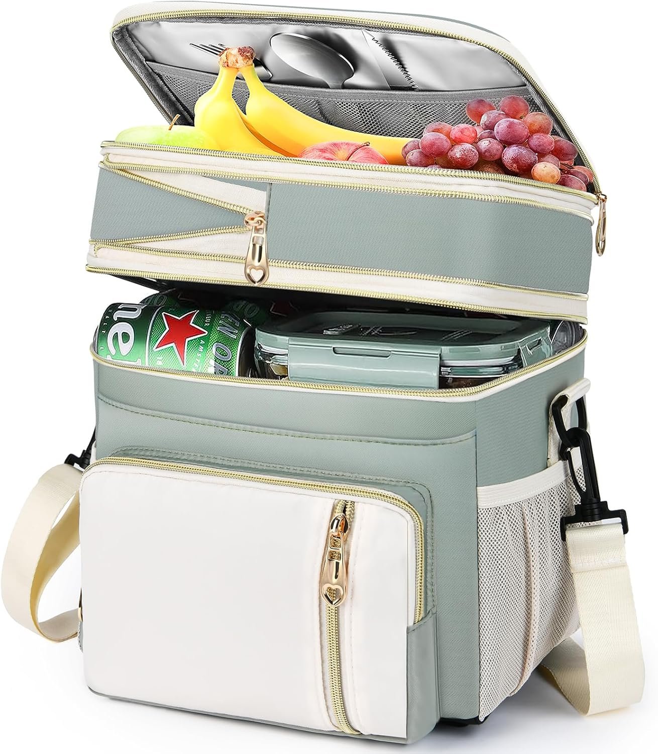Lunch Box for Women, Expandable Large Double Deck Insulated Lunch Bag with Strap, Lightweight Leakproof Cooler Tote Bag, Adult LunchBox for Work, Picnic, Beach & Travel, 16L, Olive Green & White