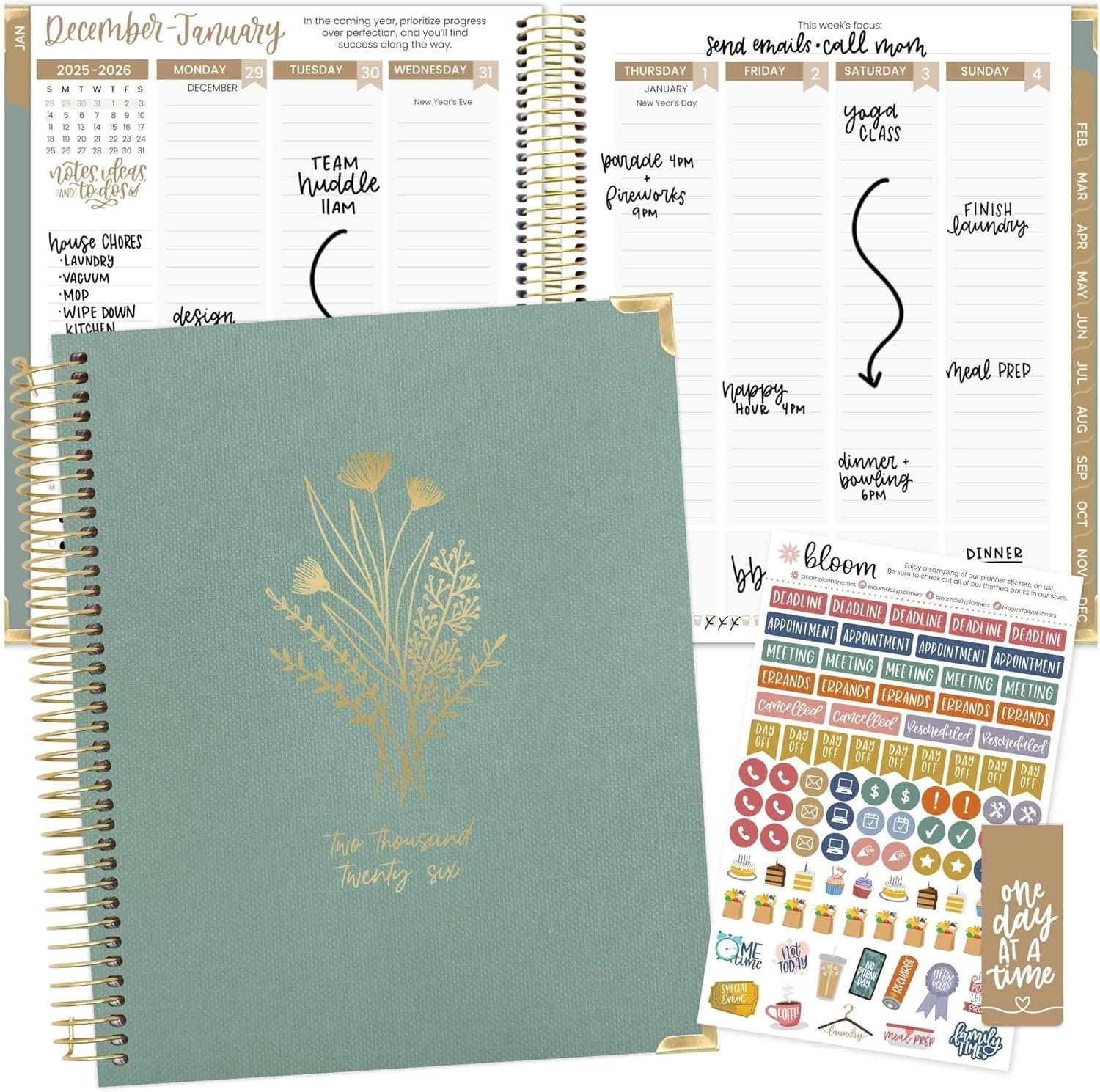 bloom daily planners 2026 Hardcover Calendar Year Goal & Vision Planner (January to December) – Monthly & Weekly Agenda Organizer – 7.5″ x 9″ – Green Linen