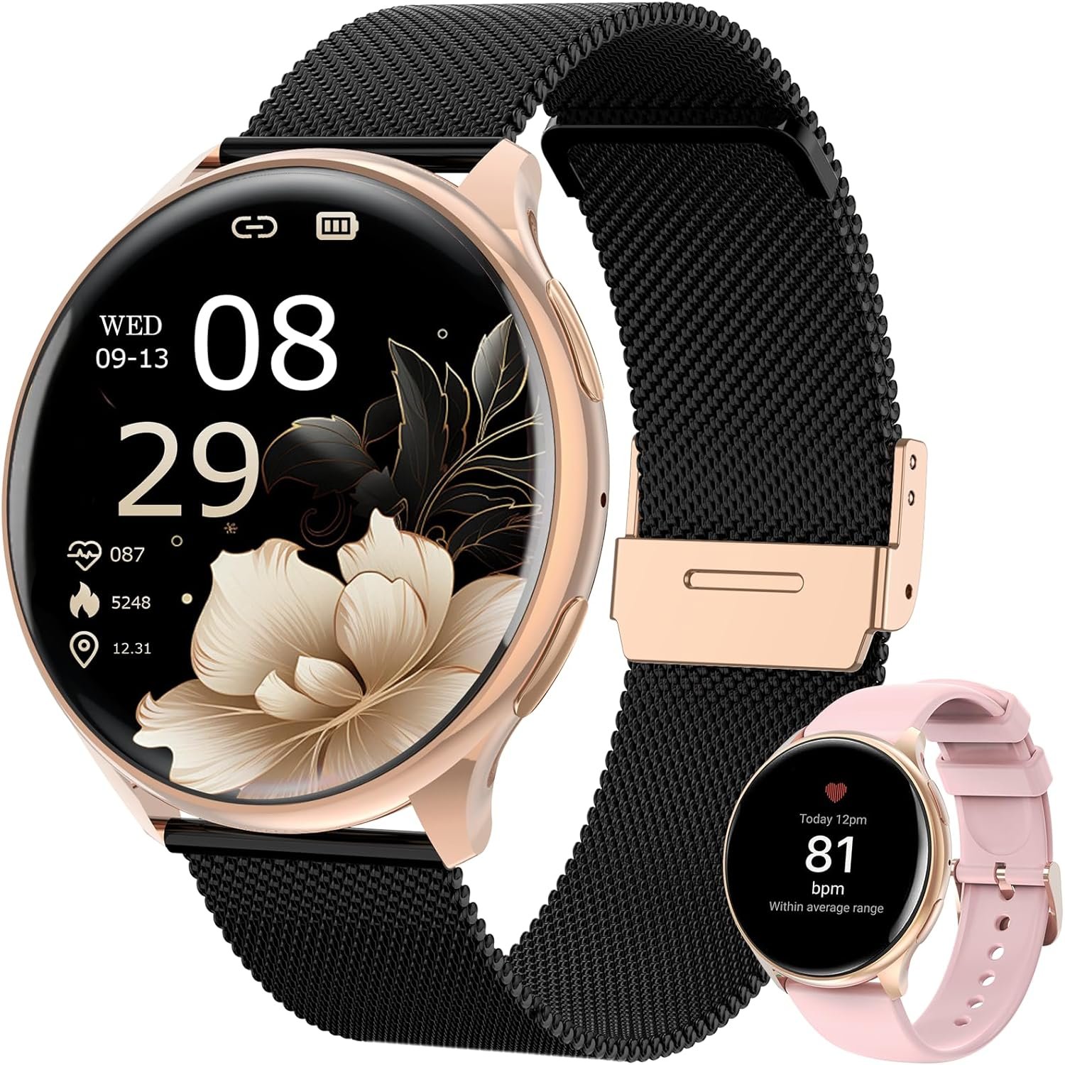Smart Watches for Women, 1.39″ Fitness Tracker with Heart Rate, SpO2, Blood Pressure, Sleep Monitor, Make & Answer Calls, 110+ Sport Modes, Compatible with iPhone & Android (Black Gold)