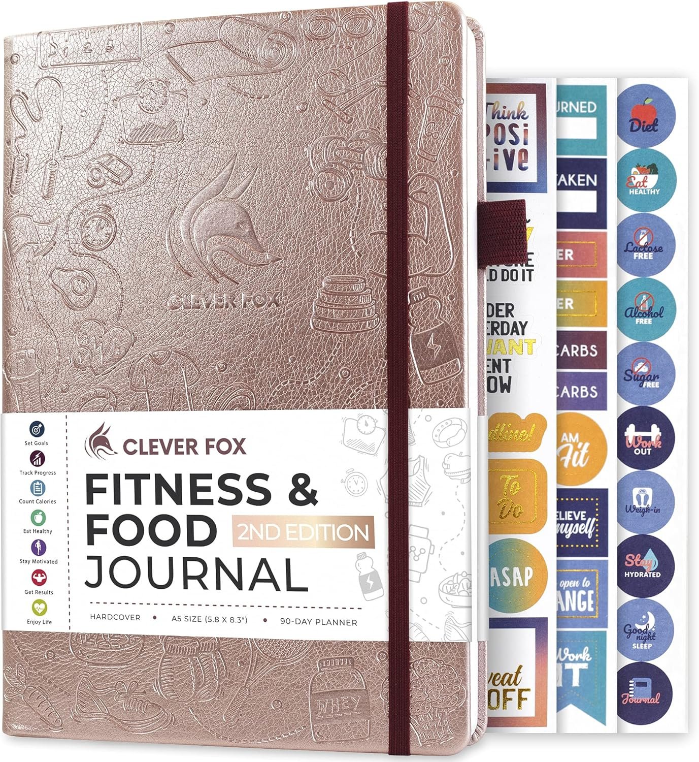 Clever Fox Fitness & Food Journal – Nutrition & Workout Planner for Women & Men – Diet & Gym Exercise Log Book with Calendars, Diet & Training Trackers – Undated, A5 Size, Hardcover (Rose Gold)