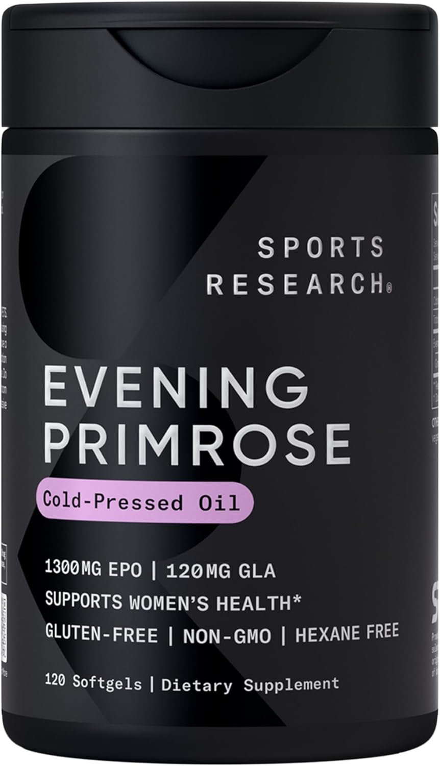 Sports Research Evening Primrose Supplement from Cold Pressed Oil – Softgels for Women’s Health & Skin Health – Gluten Free & Non-GMO GLA – High Potency 1300mg, 120 Count