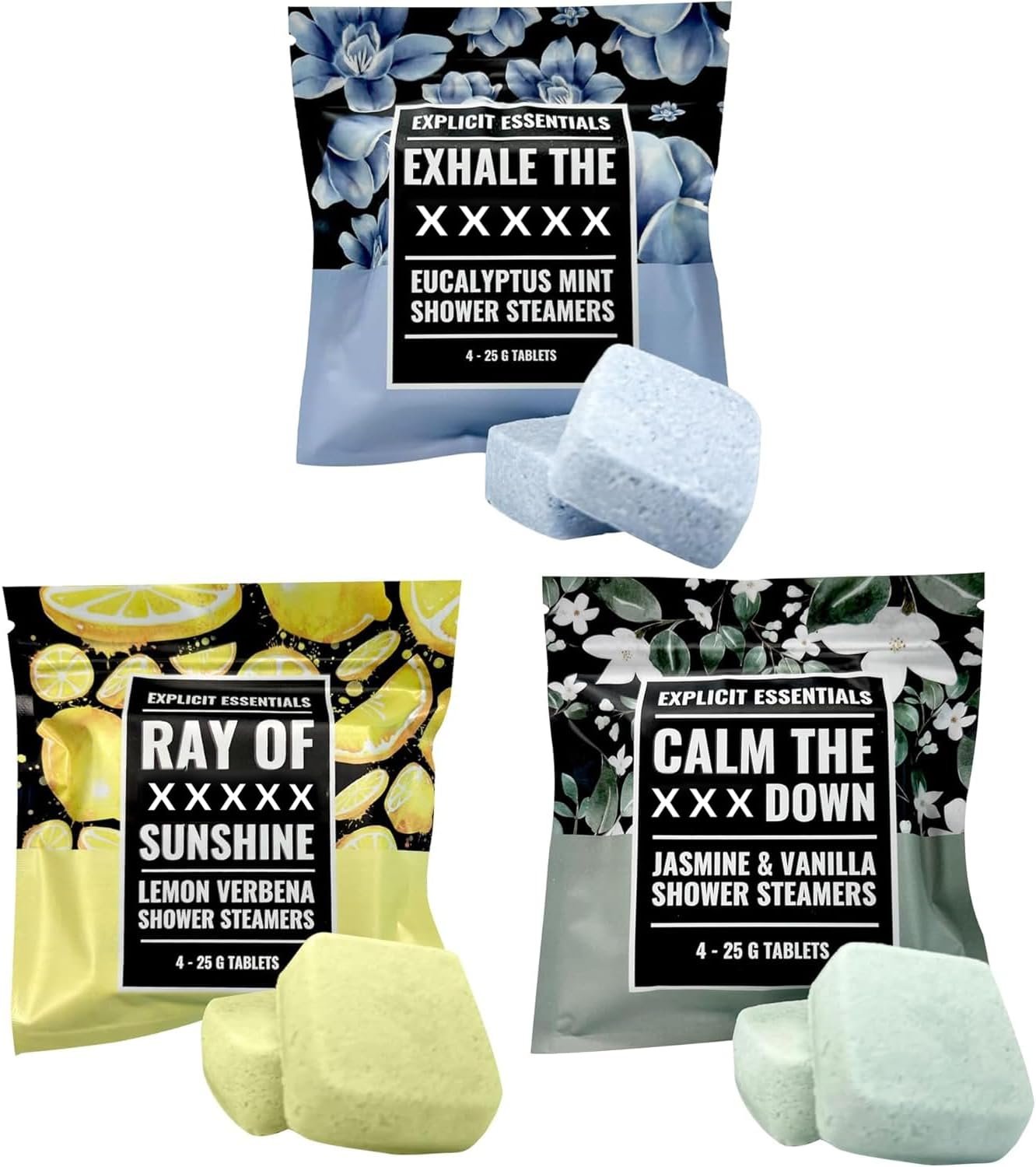 Explicit Essentials Shower Steamers Gift Set | 12 Aromatherapy Shower Steamers (3 Scent Trio) | Eucalyptus Mint, Jasmine Vanilla & Lemon Eucalyptus | Relaxation & Stress Relief Spa Gift for Self-Care