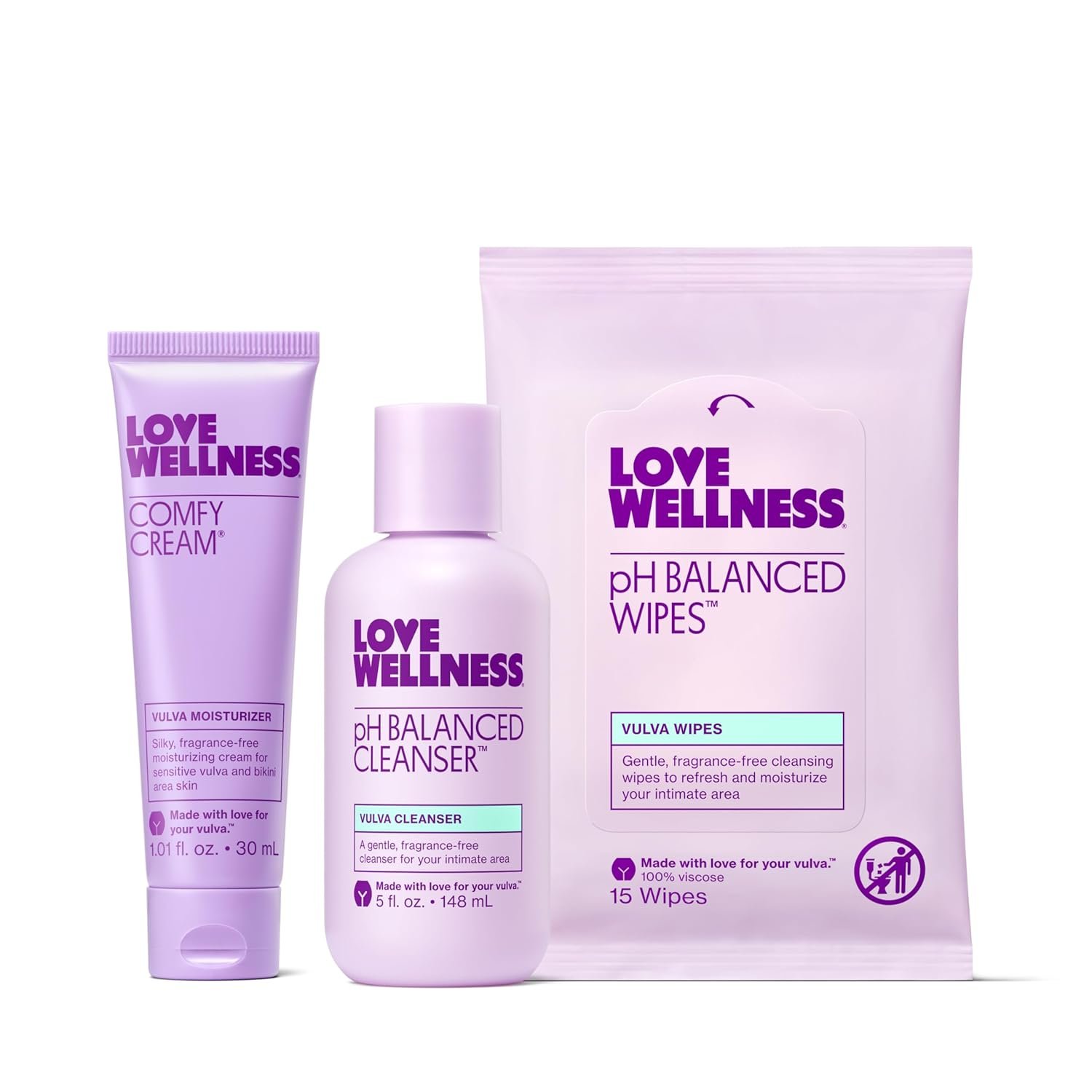 Love Wellness Skincare for Down There Bundle | Gentle pH Balanced Cleanser, Moisturizing Comfy Cream & Refreshing Wipes | Feminine Care for pH Balance, Dry & Sensitive Vulva | Fragrance-Free
