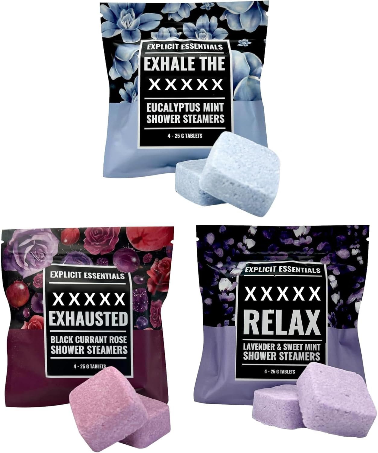 Explicit Essentials Shower Steamers Gift Set | 12 Aromatherapy Shower Steamers (3 Scent Trio) | Black Currant Rose, Lavender Mint & Eucalyptus Mint | Relaxation & Stress Relief Spa Gift for Self-Care
