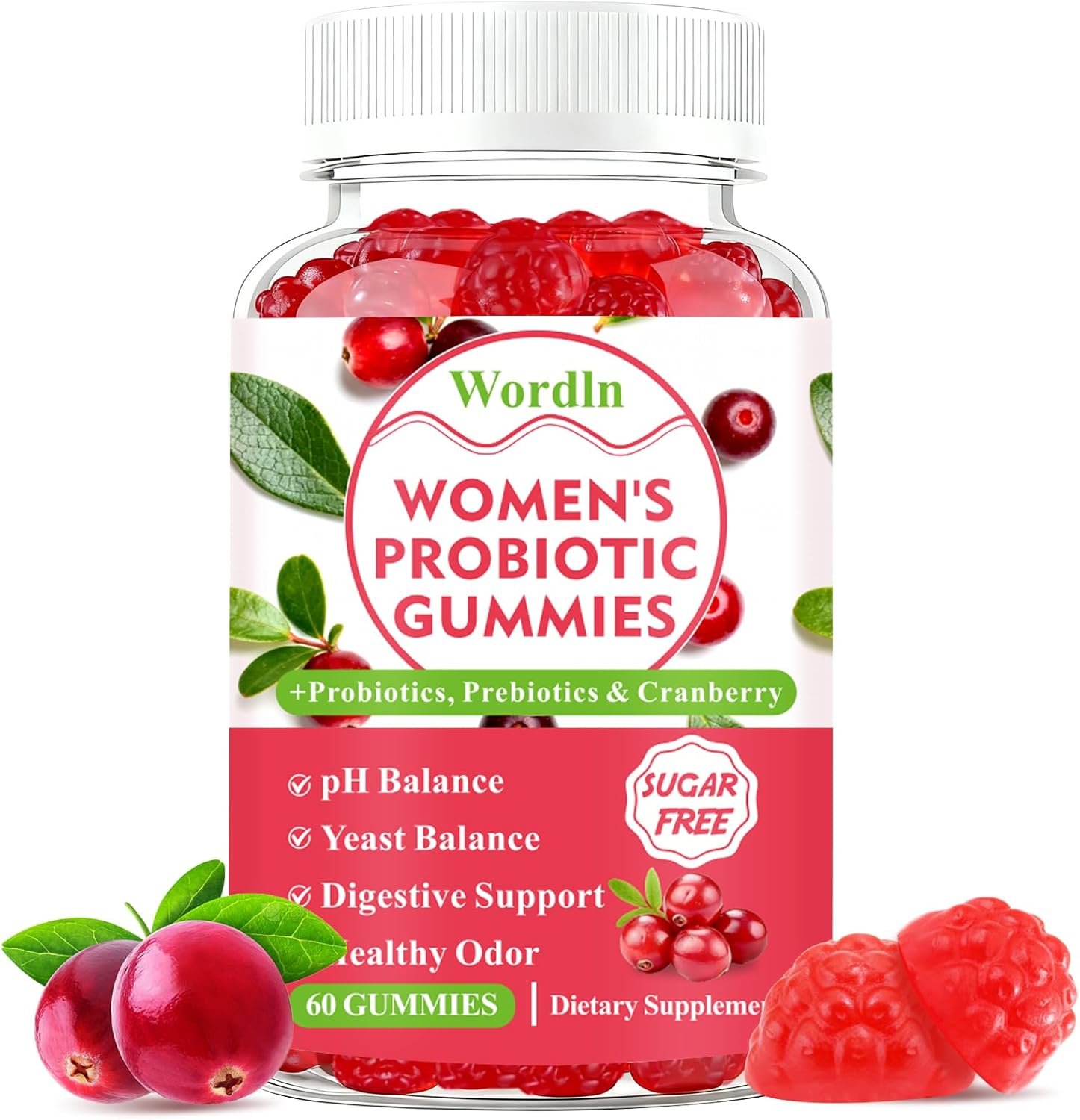 Women Probiotic Gummies for Feminine Health, Supports pH Balance, Vaginal Health, Odor Control & Yeast Balance, Digestive & Immune Support, Sugar Free Cranberry Flavor, 60 Count (Pack of 1)