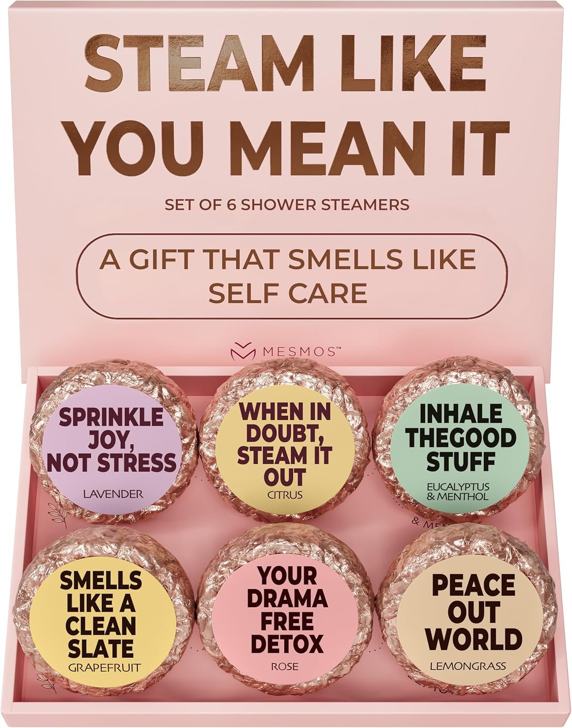 MESMOS Shower Steamers Aromatherapy 6 Pack Gift Set, Self Care Gifts for Women, Essential Oil Shower Bombs, Spa Stress Relief Birthday Kit. Lavender Eucalyptus Methol Rose Citrus Grapefruit Lemongrass