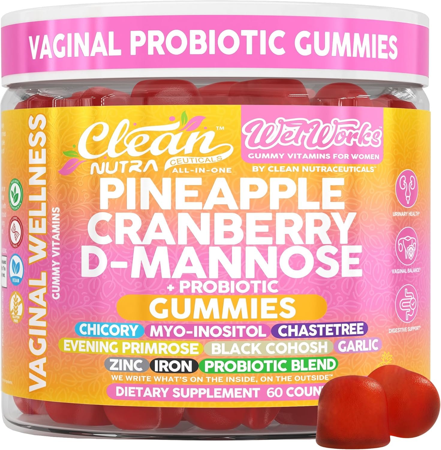 Wet Works Women’s Vaginal Probiotic Gummies Pineapple Cranberry Folic Acid D-Mannose Vitamin C Chicory Myo Inositol Garlic Black Cohosh Zinc Iron Evening Primrose Chastetree 60 Count by Clean Nutra