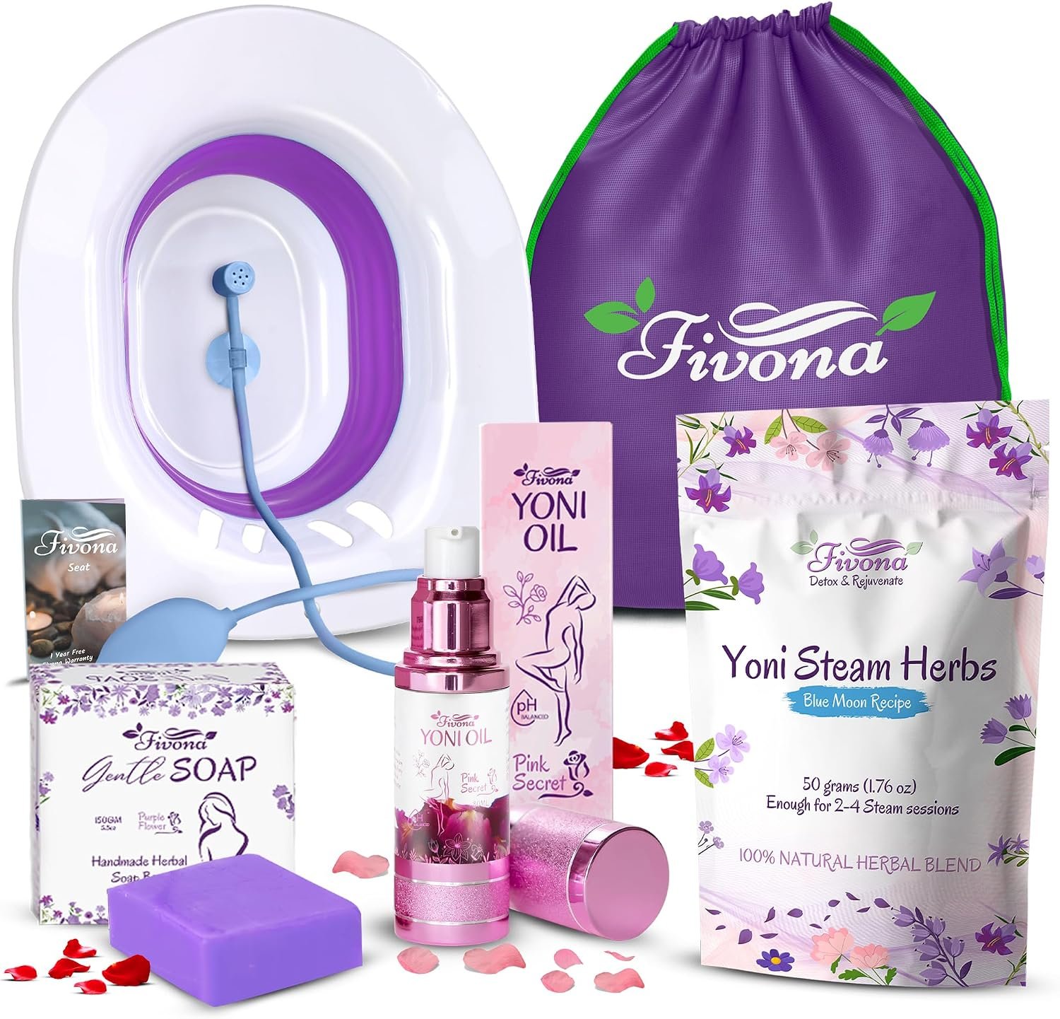 FIVONA Yoni Care Kit 6 in 1 – pH Balanced Natural Yoni Oil, Herbal Soap Bar for Feminine Wash, Detox V Steam Herbs Blue Moon, Foldable Sitz Bath Steam Pot, Hand Flusher and Drawstring Storage Bag
